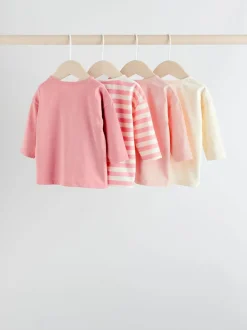 Roze Strepen/Slogan - Verpakking van 4 Baby Tops met Lange mouwen (0mnd -2jr)