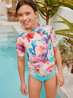 Roze tropisch - Short Sleeve Sunsafe Rash Vest And Pant Swim Set (3-16yrs)
