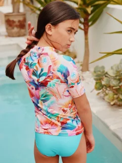 Roze tropisch - Short Sleeve Sunsafe Rash Vest And Pant Swim Set (3-16yrs)