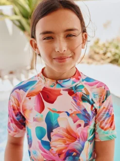 Roze tropisch - Short Sleeve Sunsafe Rash Vest And Pant Swim Set (3-16yrs)