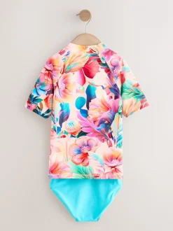 Roze tropisch - Short Sleeve Sunsafe Rash Vest And Pant Swim Set (3-16yrs)