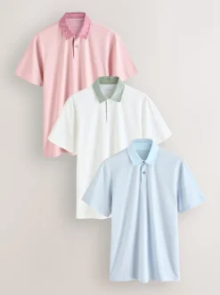 Roze/blauw/wit geweven kraag - Set van 3 jersey poloshirts met korte mouwen