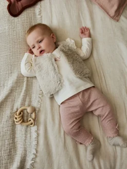 Roze/crème - 3 -delige babyset met bontgilet, top en leggings (0mnd -2jr)