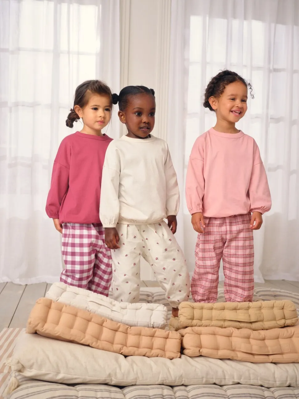 Roze/crème geruit - Verpakking van 3 pyjama's met geweven broek (9 mnd - 10 jr)
