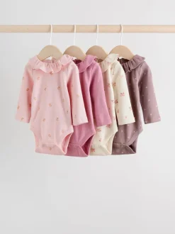 Roze/crème/bruin met fijne bloemetjesprint - Verpakking van 4 babyrompers met lange mouwen en ruches (0mnd-2jr)