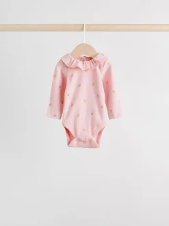 Roze/crème/bruin met fijne bloemetjesprint - Verpakking van 4 babyrompers met lange mouwen en ruches (0mnd-2jr)