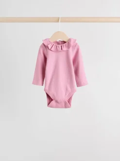 Roze/crème/bruin met fijne bloemetjesprint - Verpakking van 4 babyrompers met lange mouwen en ruches (0mnd-2jr)