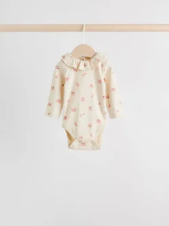 Roze/crème/bruin met fijne bloemetjesprint - Verpakking van 4 babyrompers met lange mouwen en ruches (0mnd-2jr)