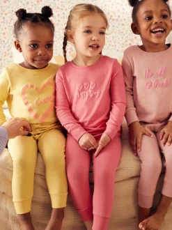 Roze/geel met slogan - Verpakking van 3 knusse pyjama's met print (9 mnd - 12 jr)