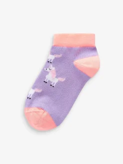 Roze/grijs/paars - Verpakking van 5 sneakersokken met eenhoornprint en hoog katoengehalte