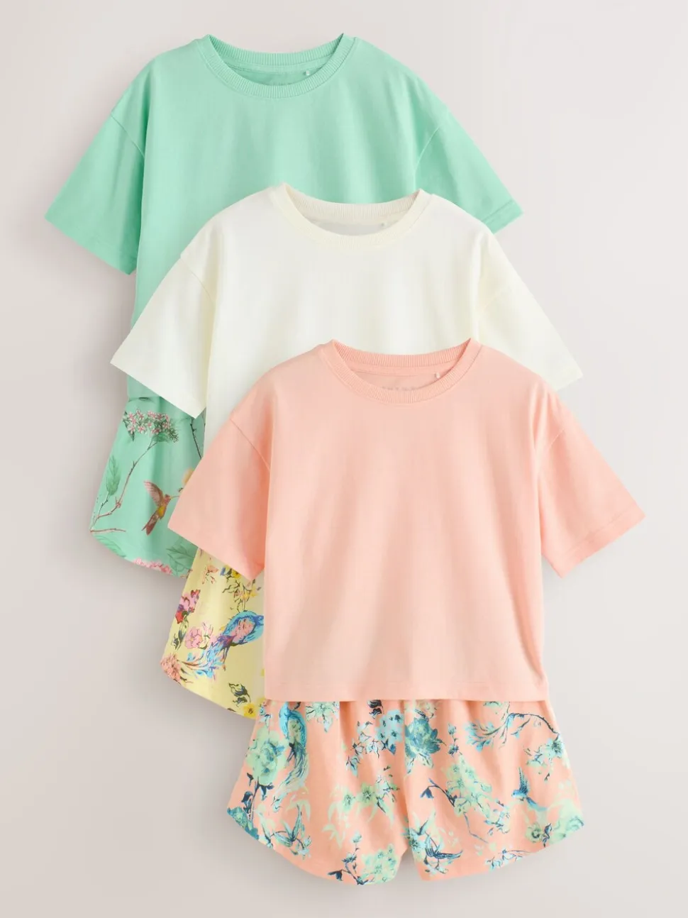 Roze/groen met bloemenprint - Set van 3 pyjama's met short (3-16 jr)