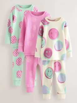 Roze/Groene glimlach - Verpakking van 3 knusse pyjama's (9 mnd-12 jr)