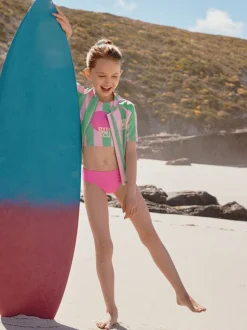 Roze/groene strepen - Sunsafe Rash Vest Bikini And Scrunchie Swim Set (3-16yrs)