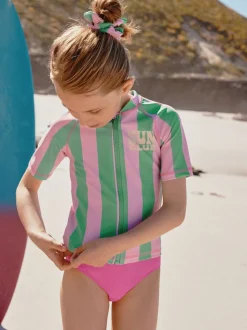Roze/groene strepen - Sunsafe Rash Vest Bikini And Scrunchie Swim Set (3-16yrs)