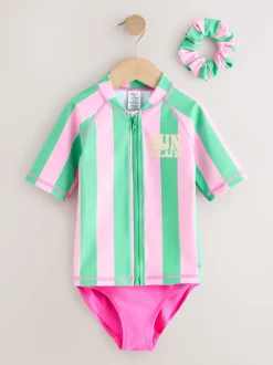 Roze/groene strepen - Sunsafe Rash Vest Bikini And Scrunchie Swim Set (3-16yrs)