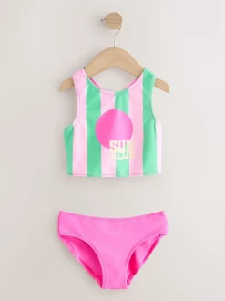 Roze/groene strepen - Sunsafe Rash Vest Bikini And Scrunchie Swim Set (3-16yrs)