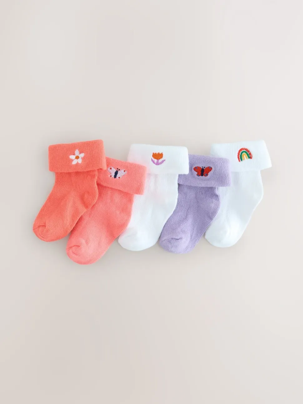 Roze/paars/wit - Set van 5 paar babysokken met omgerolde rand (0 mnd-2 jr)