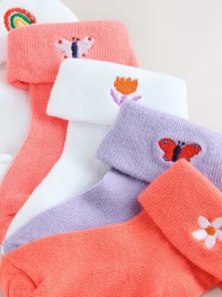 Roze/paars/wit - Set van 5 paar babysokken met omgerolde rand (0 mnd-2 jr)