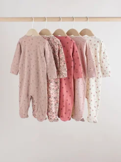 Roze/roestbruin met fijne bloemenprint - Set van 5 babypyjama's (0-2jr)