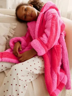 Roze/rood gestreept - Teddy fleece kamerjas (9mnd -16jr)
