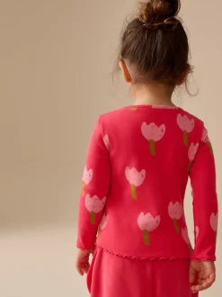 Roze/rood met bloemen - Geribbeld T-shirt met lange mouwen (3mnd-7jr)