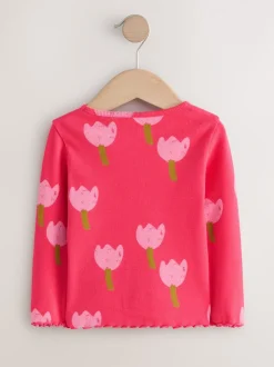 Roze/rood met bloemen - Geribbeld T-shirt met lange mouwen (3mnd-7jr)