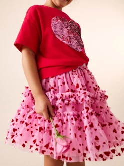 Roze/rood met hart - Pull On Mesh Skirt (3-16yrs)
