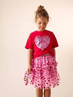 Roze/rood met hart - Pull On Mesh Skirt (3-16yrs)