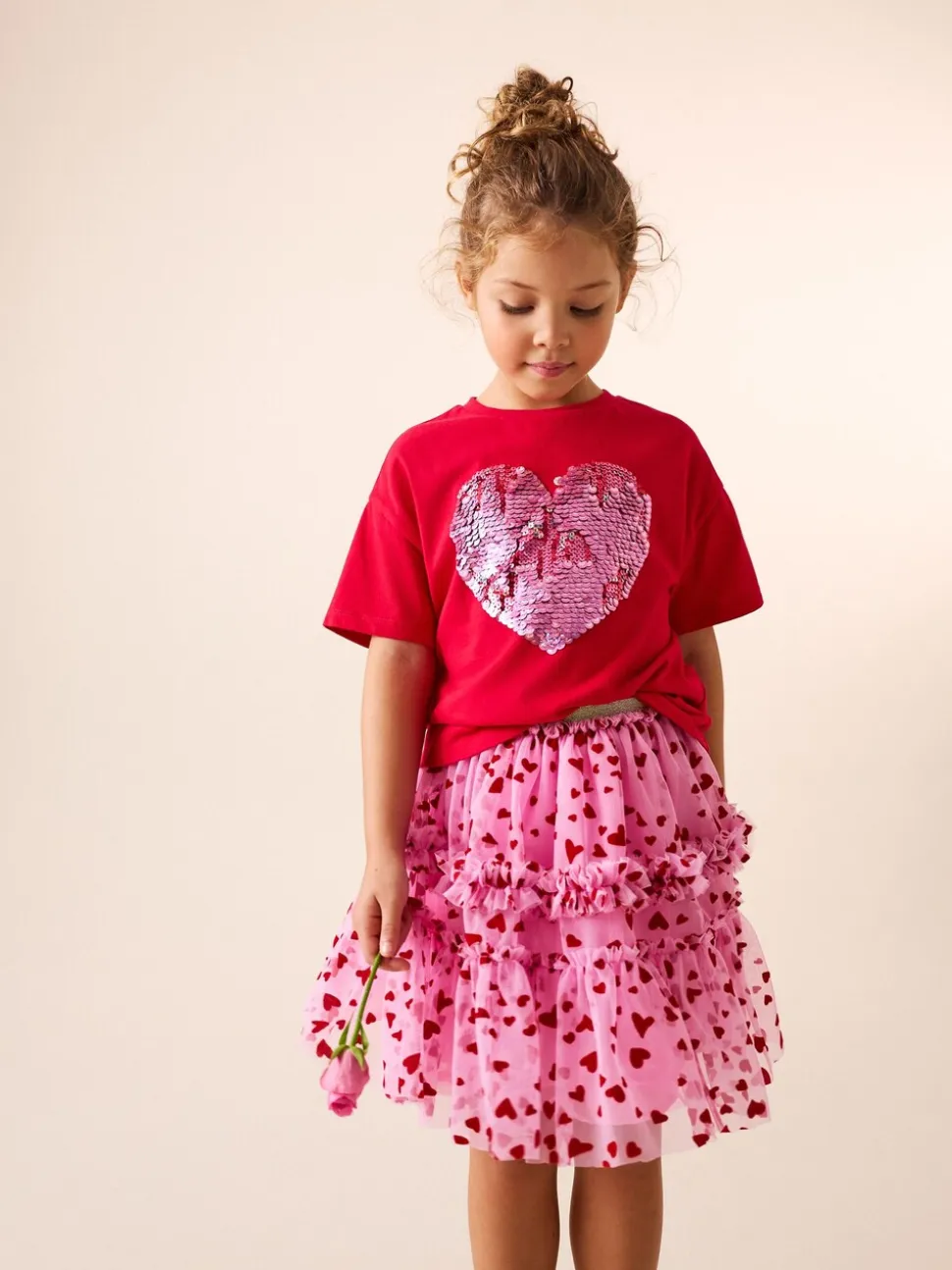 Roze/rood met hart - Pull On Mesh Skirt (3-16yrs)