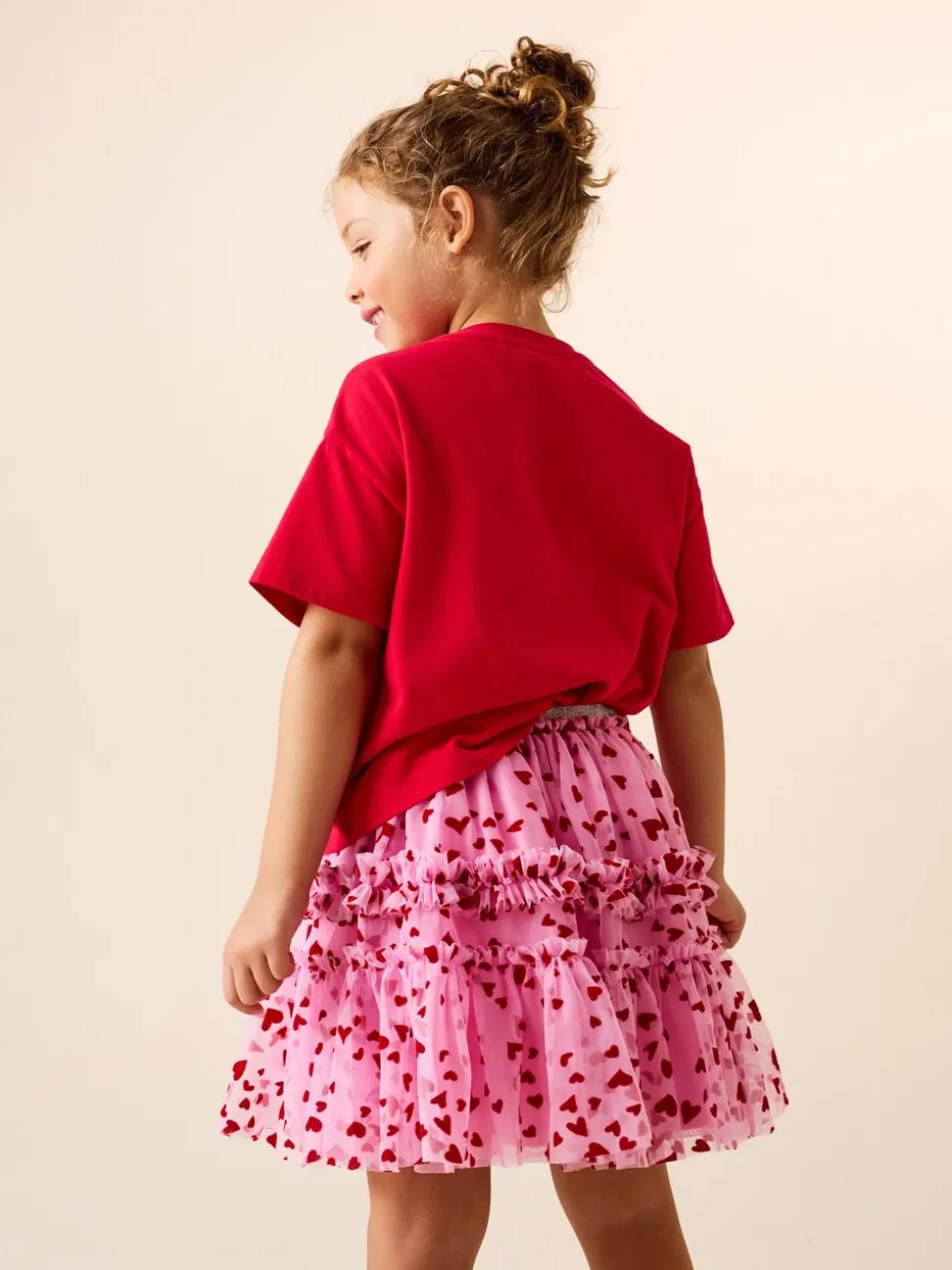 Roze/rood met hart - Pull On Mesh Skirt (3-16yrs)