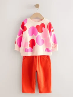 Roze/rood met hart - Set van sweatshirt en joggingbroek met rechte wijde pijpen (3mnd -7jr)