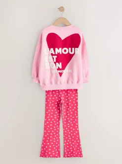 Roze/rood met hart - Sweatshirt and Flare Leggings Set (3-16yrs)