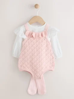 Roze/wit - 3 -delige babyset van rompertje en gebreide bretelbroeken met panty (0mnd-2jr)