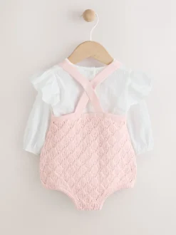 Roze/wit - 3 -delige babyset van rompertje en gebreide bretelbroeken met panty (0mnd-2jr)
