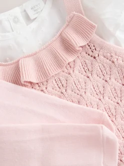 Roze/wit - 3 -delige babyset van rompertje en gebreide bretelbroeken met panty (0mnd-2jr)