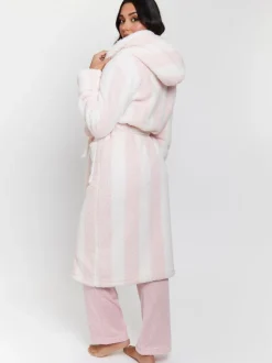 Roze/wit - Loungeable - Dikke gestreepte midi-badjas met capuchon van sherpa