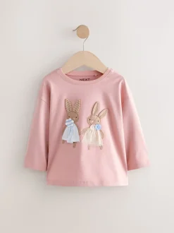 Roze/wit - Set van 4 T-shirts met lange mouwen en geborduurde konijntjes (3mnd-7jr)