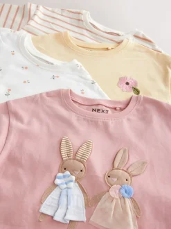 Roze/wit - Set van 4 T-shirts met lange mouwen en geborduurde konijntjes (3mnd-7jr)