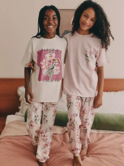 Roze/wit met bloemenprint - Verpakking van 2 pyjama's met joggingbroek (3 - 16 jr)