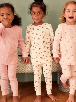 Roze/witte Ditsy - Knusse geribbelde pyjama's 3 verpakking (9mnd-12jr)