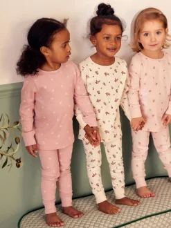 Roze/witte Ditsy - Knusse geribbelde pyjama's 3 verpakking (9mnd-12jr)