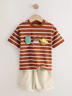 Rust Brown Stripe Padded Animals - Set van T-shirt met korte mouwen en short (3 mnd-7 jr)