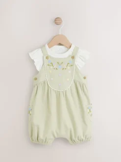 Saliegroen geborduurd bloemenmotief - Korte mouwen 100% katoenen rompertje en bretelbroek voor baby's set (0 mnd - 2 jr)