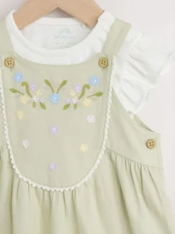 Saliegroen geborduurd bloemenmotief - Korte mouwen 100% katoenen rompertje en bretelbroek voor baby's set (0 mnd - 2 jr)