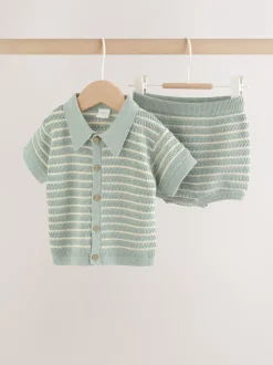 Saliegroen gestreept - Knitted Top and Shorts Baby Set (0mths-2yrs)