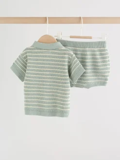 Saliegroen gestreept - Knitted Top and Shorts Baby Set (0mths-2yrs)