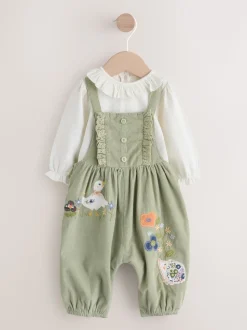 Saliegroen met borduursel - 2 -delige Baby Set van Bodysuit met Lange mouwen en corduroy bretelbroeken (0mnd -3jr)