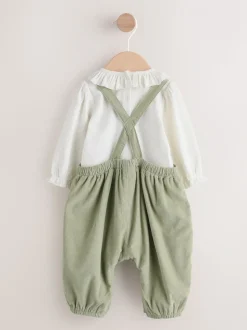 Saliegroen met borduursel - 2 -delige Baby Set van Bodysuit met Lange mouwen en corduroy bretelbroeken (0mnd -3jr)