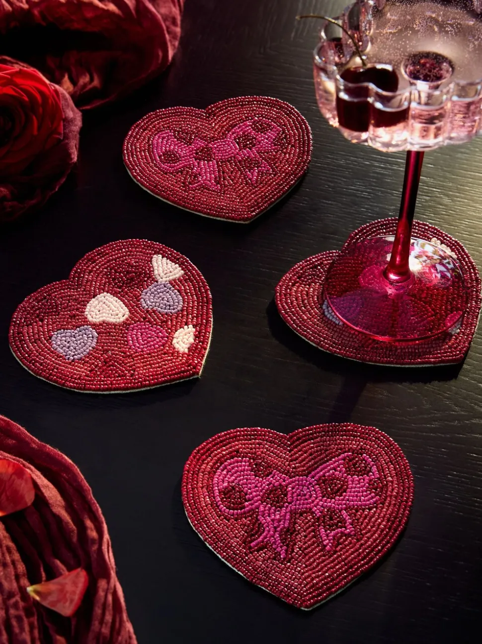 Set of 4 Beaded Heart and Bow Coasters