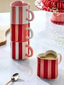 Set of 4 Stripe Heart Shaped Stacking Mugs